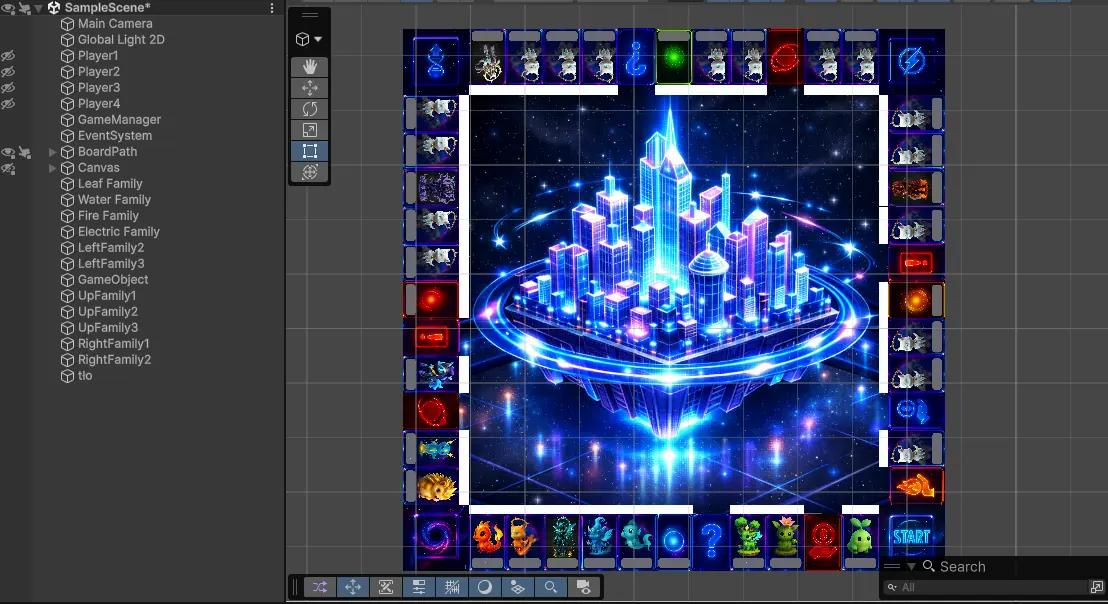 Widok sceny w Unity – plansza gry MonsterBoard